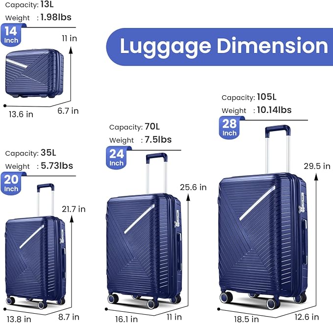 Merax Luggage 4 Piece Set Hardside Expandable Suitcase Set with Case,Travel Luggagewith Spinner Wheels,Airplane Approved Carry On Luggage Sets,Navy Blue1,14/20/24/28 - Image 2