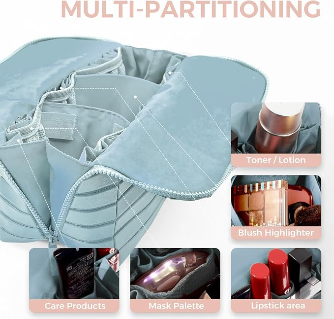 Travel Makeup Organizer Bag with Fold-Down Design and Adjustable Dividers, 27 Pockets & 3 Brush Storage Holders, Large Capacity Cosmetic Bags Toiletry Case (Light blue, Large) - Image 2