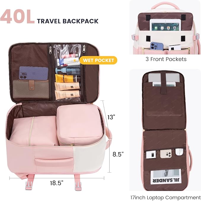 LOVEVOOK 40L Large Travel Backpack for Women, Flight Approved, Waterproof, TSA Compliant, Fits 17.3'' Laptop, 17 Pockets, 3 Packing Cubes - Image 2
