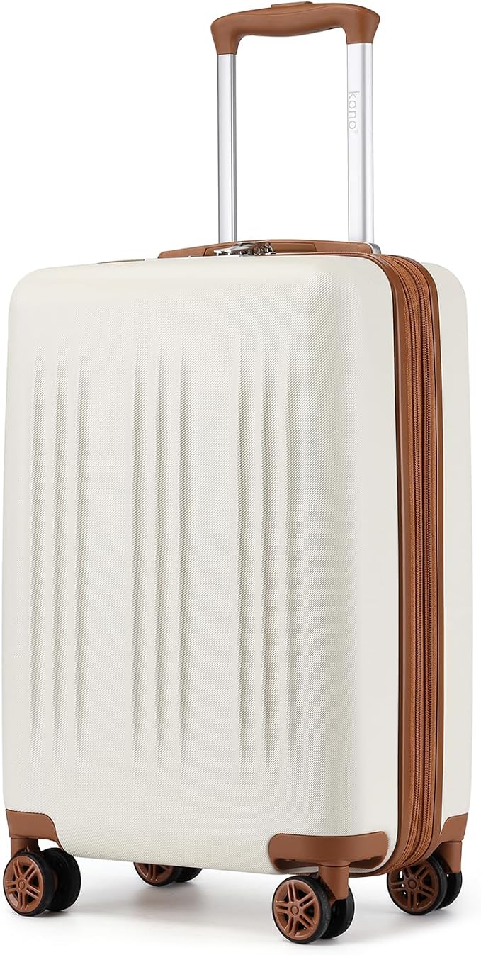 Kono Small 20 Inch Expandable Carry On Luggage with Quiet Spinner Wheels & TSA Lock, Scratch and Drop Resistant PC+ABS Hardside 22x14x9 Airline Approved Suitcase, Cream White & Brown by Kono