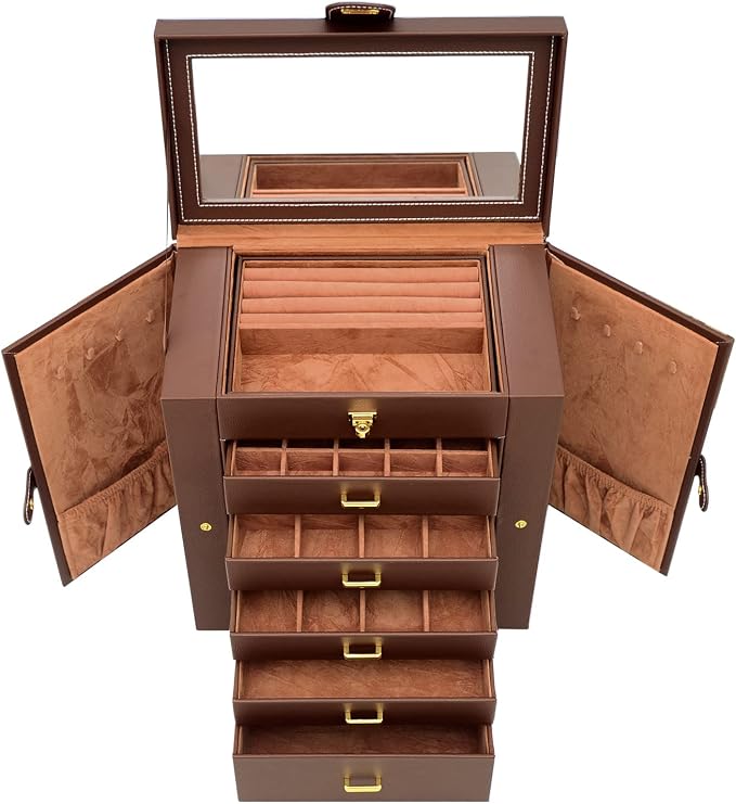 AKOZLIN 6-Tier Jewelry Box Organizer Functional 5 Drawers Leather Jewelry Storage Case for Women Girls Ring Necklace Earring Bracelet Holder Organizer with Mirror Extra Large Brown - Image 8