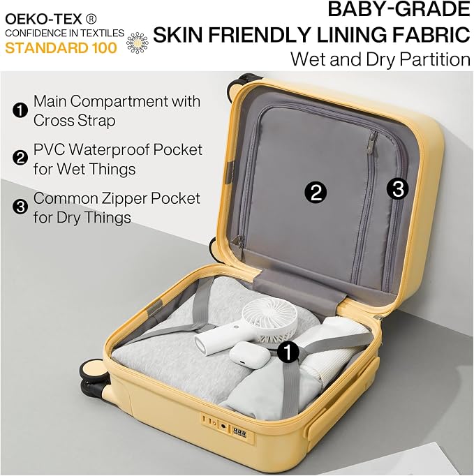 mixi 14 Inch Underseat Luggage Carry on Suitcase Free Boarding Personal Item Suitcases with Spinner Wheels Hardshell Lightweight PC for Short Travel, Lark Yellow - Image 6