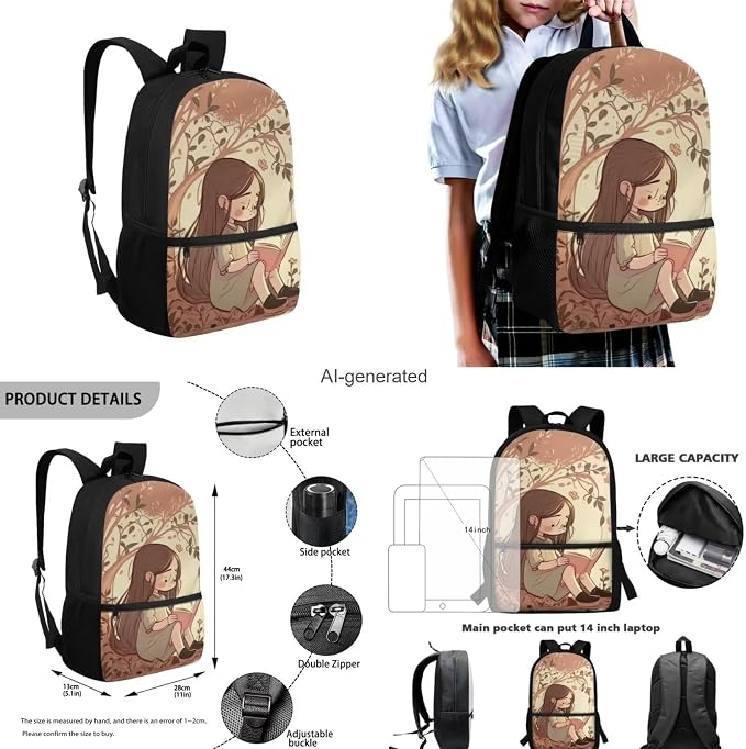 Girls Backpack with Lunch Box Water Bottle Holder and Soft Pencil Case 4PCS Set Bookbag with Front Pocket for School 17 inch Large Capacity School Bag for Elementary Girls Kids School Supplies - Image 3