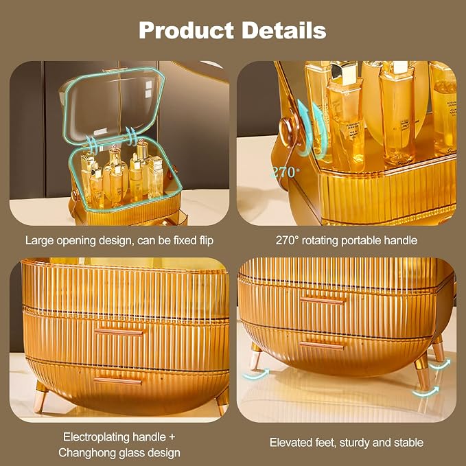 Ergocar Portable Retro Series Multi-Function Make Up Case Dustproof Cosmetic Storage Box,Cosmetics Skin Care Products Jewelry Organizer Case Finishing Box Bathroom Desktop -Amber (X-1) - Image 5