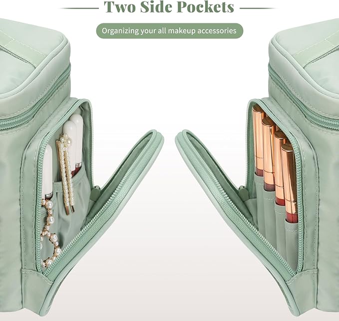 Bagmoly Large Makeup Bag, Portable Travel Makeup Bag Organizer for Women Girls with Makeup Brush Compartment & Two Side Pockets, Cosmetic Travel Bag Vertical Storage Toiletry - Green - Image 5