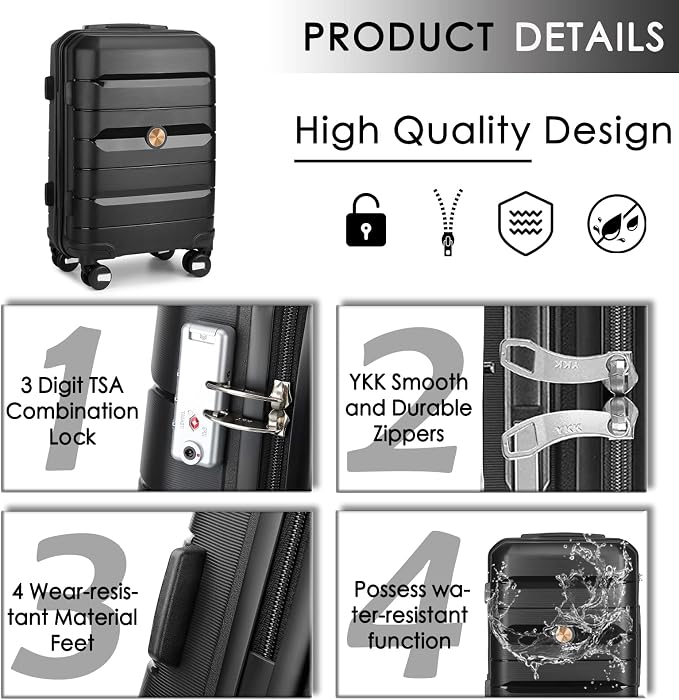Somago 20 Inch Carry On Luggage Sets Hardside Suitcase with Double Spinner Wheels and TSA Lock YKK Zipper (Classic Black,14/20) - Image 3