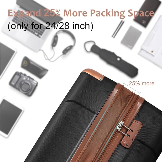 6 Piece Luggage Set Hard Shell - Black Brown Expandable Suitcases with Spinner Wheels and Duffel Bags for Family Travel, Durable Carry On Luggage Sets with Lock for Women and Men - Image 4