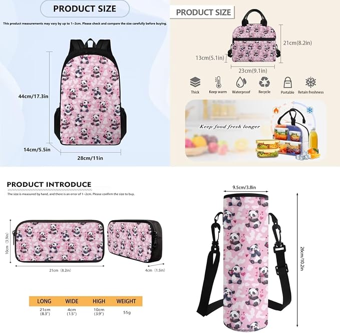 Backpack for School Teens Bookbags with Reusable Lunch Bag Pencil Pouch Water Bottle Organizer Set of 4, Panda Heart Hiking Bookbag Lightweight Book Bags Rucksack for Travel - Image 7