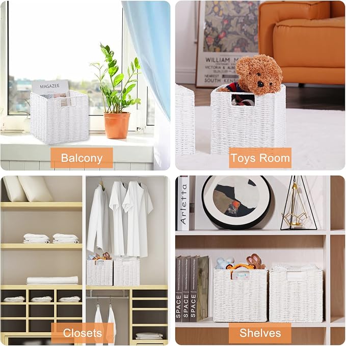 Vagusicc Wicker Storage Basket, Set of 2 Hand-Woven Wicker Baskets for Organizing, Foldable Cube Storage Basket Bins, 13 Inch Large Wicker Storage Baskets for Shelves & Decor, White (13''x13''x13'') - Image 6