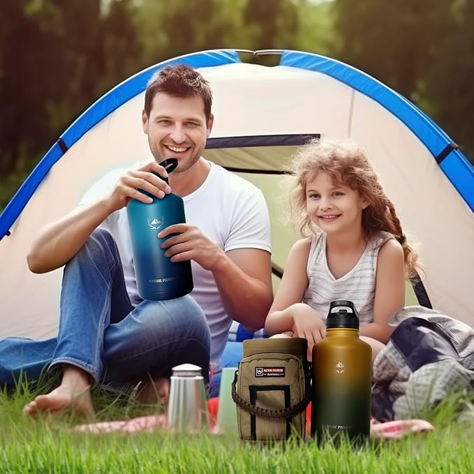 NATURE PIONEOR 64 oz Insulated Water Bottle with Carrier Bag & 3 Lids | 18/8 Food-grade Stainless Steel, Double Vacuum Insulation, 3 Leak-proof Lids, Strap, Camping, Hiking, Gym, Work - Image 7