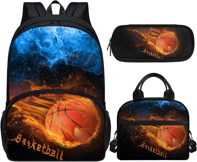 Basketball Bookbag for Boys 8-12 School Backpack 3 Pcs Set Kids School Bag with Lunch Tote Bags and Pencil Box Organizer Casual Daypack by Vanideaoty
