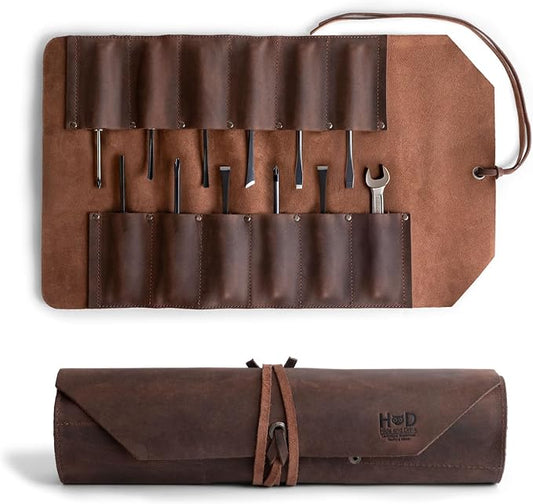 Leather Tool Bag Roll Up, 12 Slot Heavy Duty Tool Roll Bag Organizer, Tool Roll Up Bag, Portable Tool Wrap Roll Bags for Travel, Durable Tool Kit Folding Tool Pouch Roll Up Mechanic Gifts for Men by HideDrink