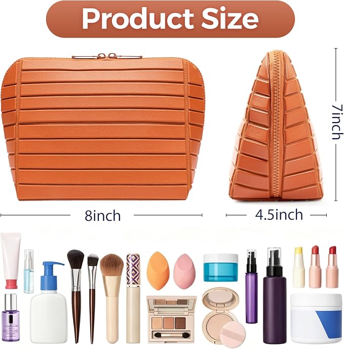 Travel Makeup Organizer Bag with Fold-Down Design and Adjustable Dividers, 27 Pockets & 3 Brush Storage Holders, Large Capacity Cosmetic Bags Toiletry Case - Brown - Image 4
