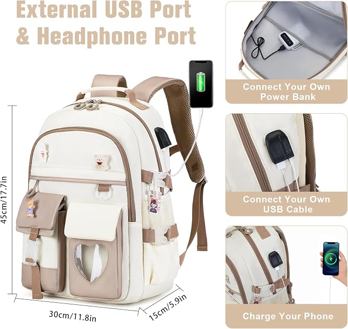 ACESAK Backpack for Girls - Bookbag Backpacks Schoolbag for Girls Kids Teen Women Casual Travel Daypacks - School Bag Elementary Middle School College Cute Backpack with Lunch Box (Khaki White) - Image 3
