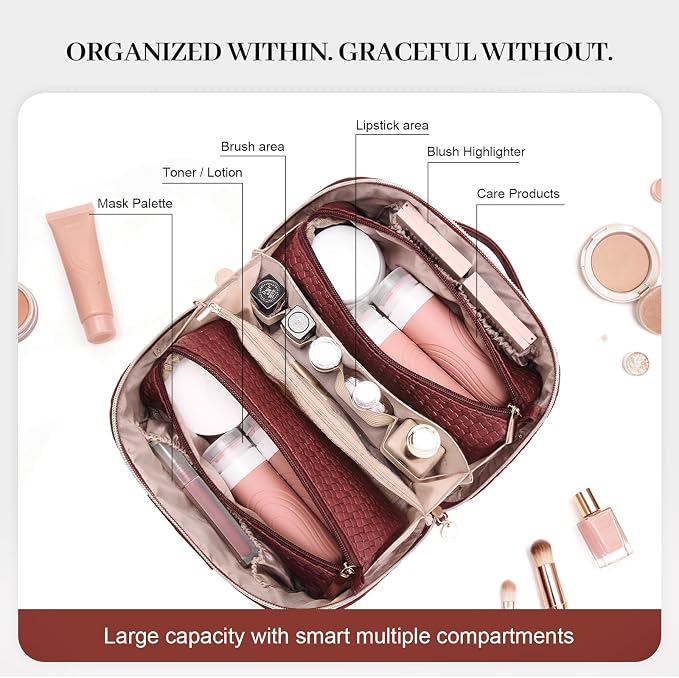 Travel Makeup Bag for Women: Designer 3 Pcs Set Cosmetic Bags for Women - Large Capacity Vagen Leather Hand-made for Toiletry Organizer - Ladies Travel Flat Open Essentials for Luxury (09Red) - Image 6
