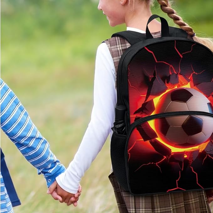 4 Pack Boys Backpack Football Backpack Fire Football Bookbag with Insulated Lunch Box Pencil Case Water Bottle Holder Bag Lightweight Casual Daypack for Preschool,Elementary，Middle High School - Image 3