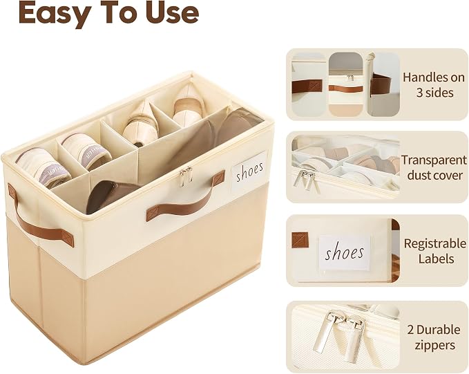 Varhomax Shoe Organizer Box for Closet, Small Fabric Shoe Storage Bin with Adjustable Dividers & Clear Cover, Saving Space Sneakers & Sandals Containers for Entryway, Cubby - Image 6