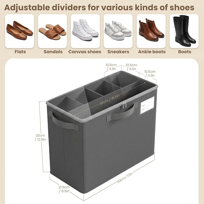 Varhomax Shoe Organizer Box for Closet, Small Fabric Storage Basket 2 Pack | Foldable Shoe Bin with Adjustable Dividers & Clear Cover, Saving Space Sneakers & Sandals Containersfor Entryway, Cubby - Image 3