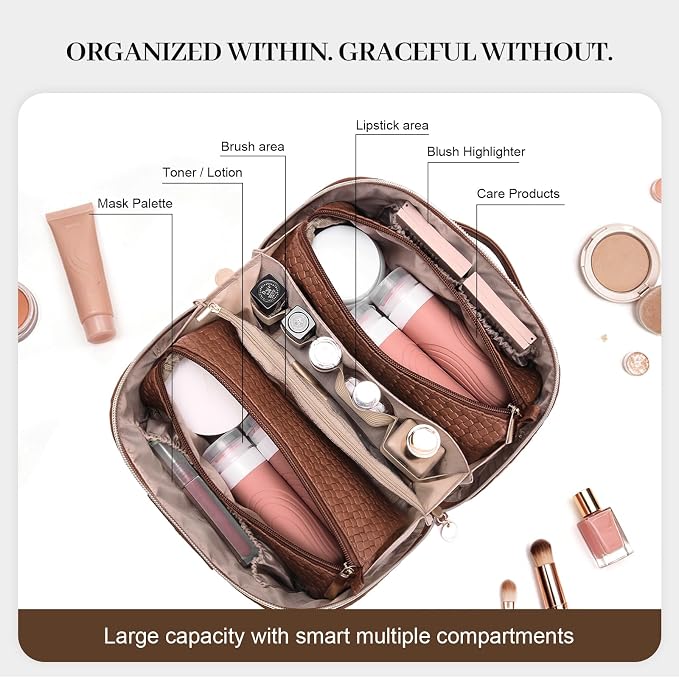 Travel Makeup Bag for Women: Designer 3 Pcs Set Cosmetic Bags for Women - Large Capacity Vagen Leather Hand-made for Toiletry Organizer - Ladies Travel Flat Open Essentials for Luxury (07Brown) - Image 5