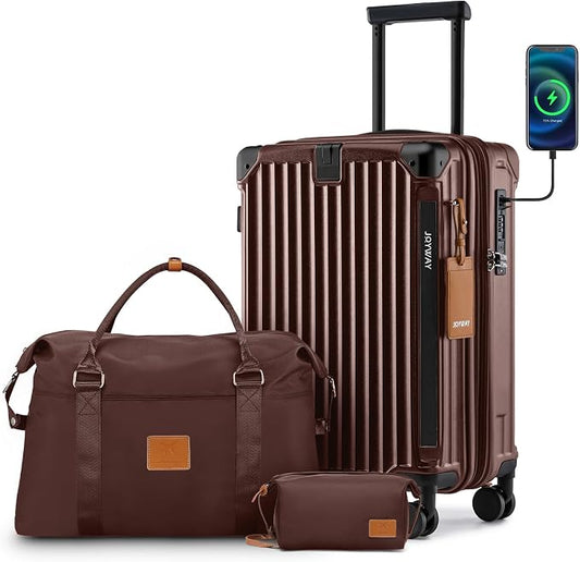 Joyway 20in Carry On Luggage with Cup Holder and USB Port, 25% Expandable Capacity, Smart Suitcase Set with Anti Slip Wheels and Handbag, Perfect for Men and Women (Coffee, Carry-On 20-Inch Handbag) by Joyway