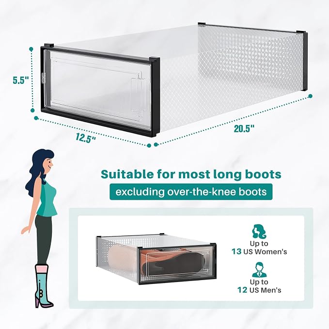12-Piece Boot and Shoe Storage Box, Stackable Clear Plastic Shoe Box, Space-Saving Shoe Organizer for Boots, Sneakers, and High Heels, Black - Image 3