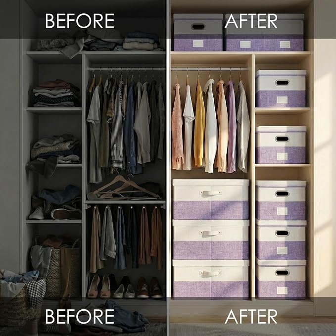 PRANDOM Storage Bins with Lids [3-Pack] Linen Fabric Foldable Storage Boxes Organizer Containers Baskets Cube with Cover for Bedroom Closet Office White&Purple (23.4X15.9X11.4) - Image 5
