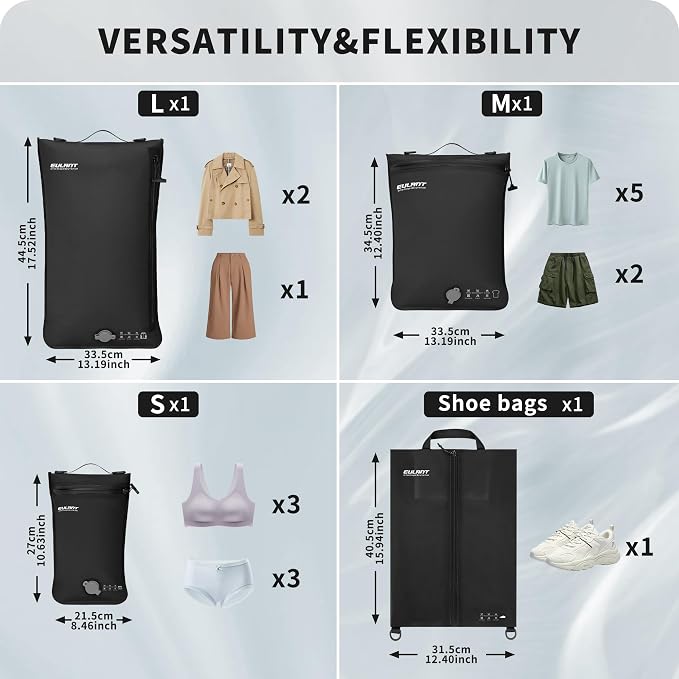 Eulant 4 Set Vacuum Packing Bags for Travel With Pump,Professional IPX8 Zip Packing Organizer for Suitcases Backpack,Space Saver Bags Packing Organizers for Clothing Packing(4 Set No Pump,Black) - Image 2