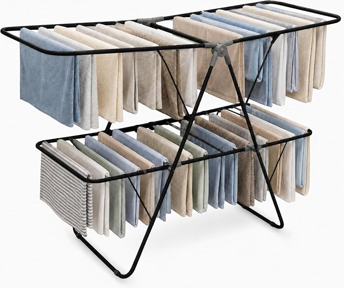 Brookstone 2 Tier Folding Rack - Indoor/Outdoor Collapsible Clothes Dryer Stand Laundry or Shoe Rack, Heavy Duty Freestanding Garment Hanger, Foldable, Clothing Drying Rack, Black by Unknown