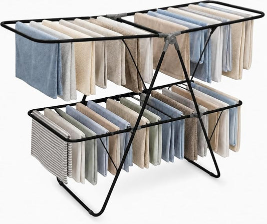 Brookstone 2 Tier Folding Rack - Indoor/Outdoor Collapsible Clothes Dryer Stand Laundry or Shoe Rack, Heavy Duty Freestanding Garment Hanger, Foldable, Clothing Drying Rack, Black by Unknown