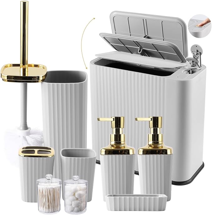 XLHOMO 9-Piece Light Gray Bathroom Accessories Set - Modern Vertical Stripe Decor with Slim Wastebasket, Soap Dispenser & Toothbrush Set - Neutral Bath Organization Kit by BetterbathroomwithXLHOME