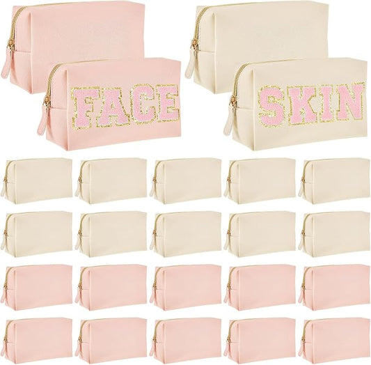 24 Pcs Preppy Makeup Bag PU Leather Cosmetic Bag with Zipper Plain Cosmetic Pouch Waterproof Toiletry Makeup Pouch for Women Bridal Shower Favors Traveling Organizer(Light Pink, Beige) by Cunno