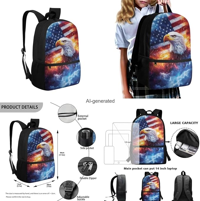 White Eagle Boys Backpack with Lunch Box Usa Flag Primary Schoolbags with Thermal Lunch Box Pencil Holder Cool Shoulder Laptop Daypack Cute School Supplies Set for Teens - Image 3