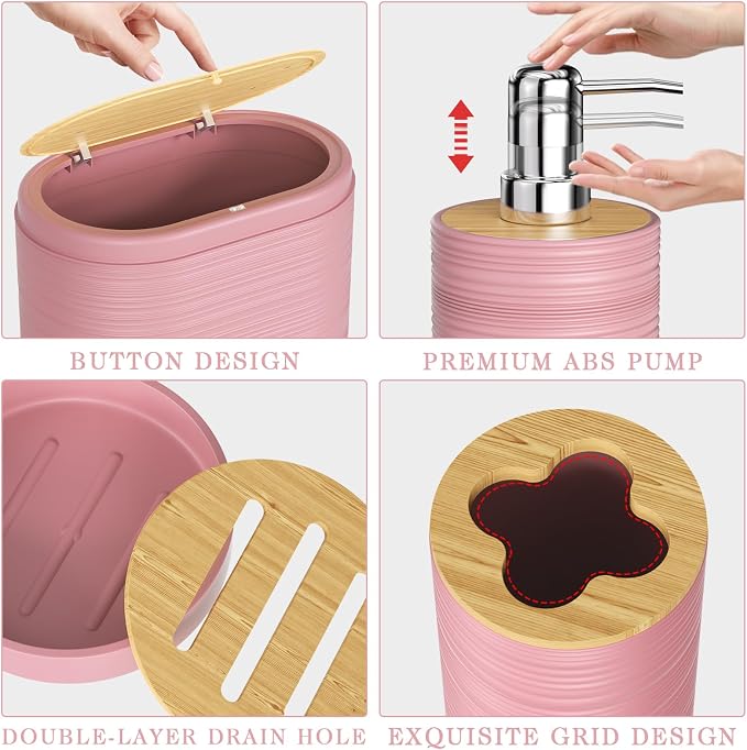 XLHOMO Pink Bathroom Set - 10PC Bathroom Accessories Set, Luxury Bathroom Accessory Set with Trash Can,Toilet Brush & 2 PC Soap Dispensers for Apartment Decor and Housewarming - Image 6