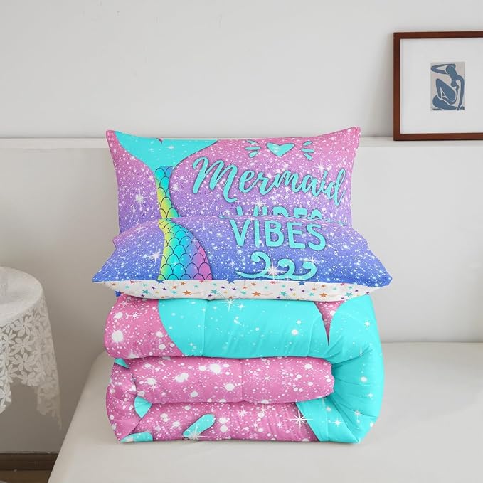 Girls Mermaid Tail Comforter Set Full Kawaii Coastal Fish Scales Bedding Set Glitter Star Galaxy Comforter Blue Pink Pastel Ombre Set Princess Bed Set Ocean Animal Quilt Duvet 2 Pillowcases Teal - Image 7