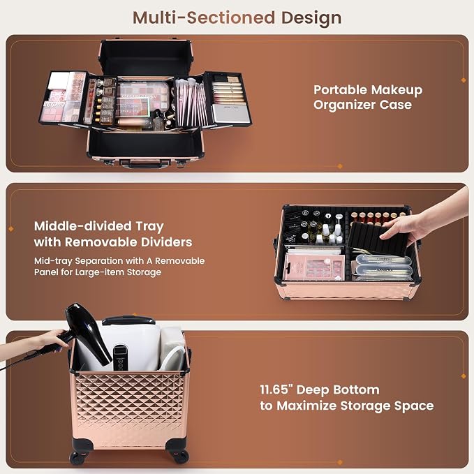 Frenessa Rolling Makeup Train Case 3 in 1 Professional Cosmetic Trolley Large Storage with keys Swivel Wheels Salon Barber Case Traveling Cart Trunk for Make Up Nail Tech - Vintage Rose Gold | Cosmetic Trolley Large Storage with Keys 360° Swivel Salon ... - Image 2
