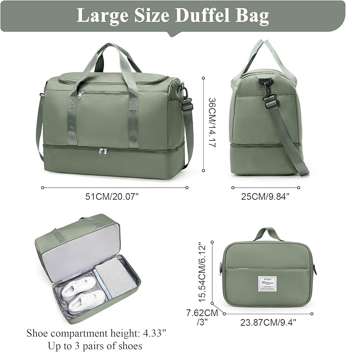 Large Travel Duffle Bag,Carry on Overnight Weekend Bag with Shoes Compartment,Weekender Bags for Women for Travel Business Trips Sport Hospital,2Pcs,Olive Green - Image 4