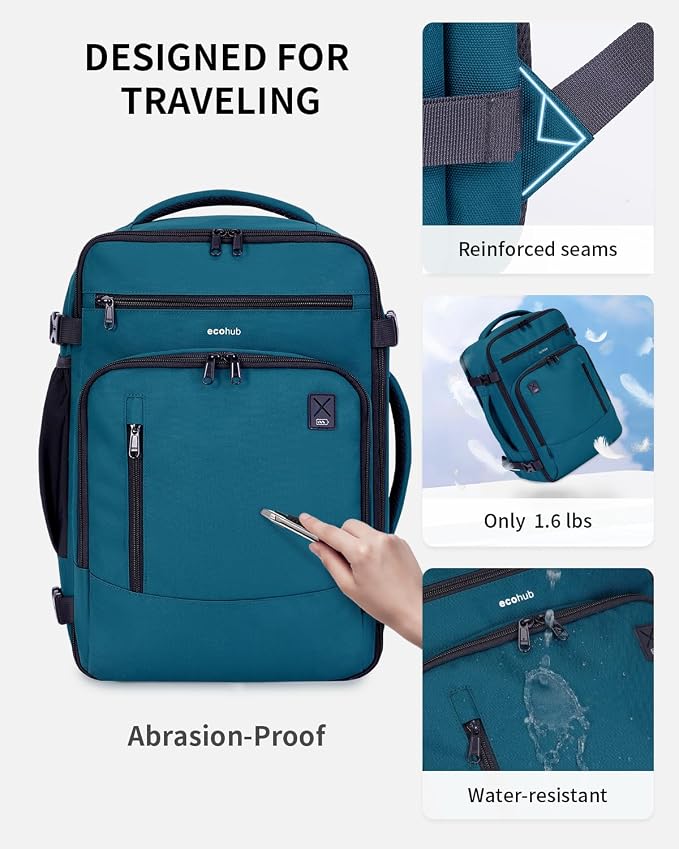 ECOHUB 17" Small Travel Backpack, United Airlines Personal Item Bag 17x10x9 with 16 Pockets, Water Resistant Rucksacks Fit 15.6" Laptop, AirTag Pocket, Lightweight Casual Daypack, 25L, Blue Green - Image 6