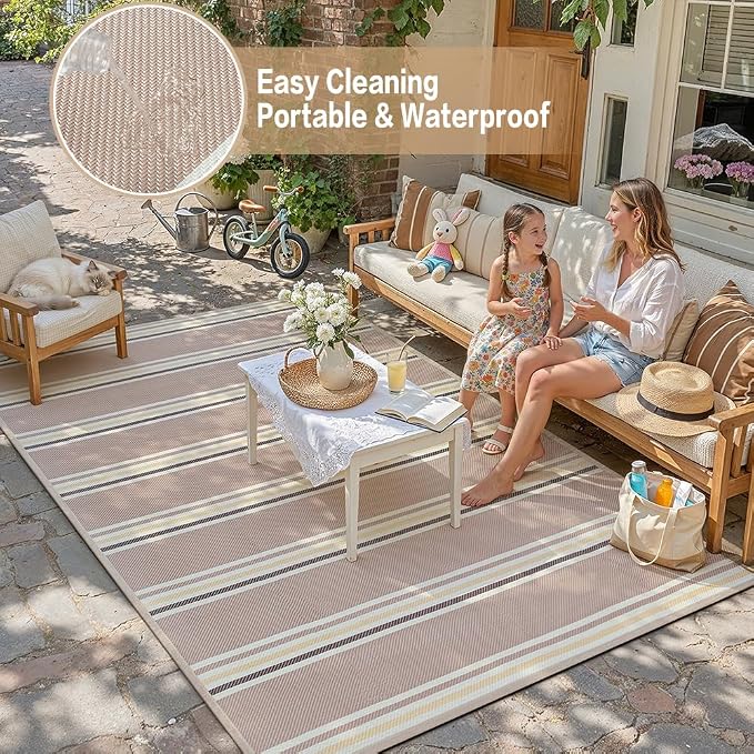 PureCozy Outdoor Waterproof 9x12 Rug for Patio Reversible Plastic Straw Beige Striped Camping Mat Outside Lightweight Large Floor Mat for RV Deck Beach Balcony Picnic Backyard Entry Porch - Image 5
