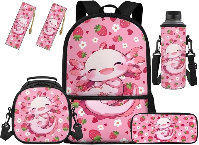 Axolotl Backpack Kids Backpack Set with Lunchbox Pencil Case and Bottle Holder Bookmark Strawberry Bookbag Set of 5 Printed Matching 5Pcs Bookbags Set for Girls Boys by Unknown