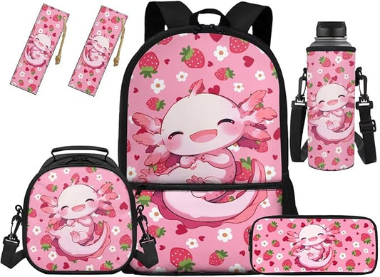 Axolotl Backpack Kids Backpack Set with Lunchbox Pencil Case and Bottle Holder Bookmark Strawberry Bookbag Set of 5 Printed Matching 5Pcs Bookbags Set for Girls Boys by Unknown