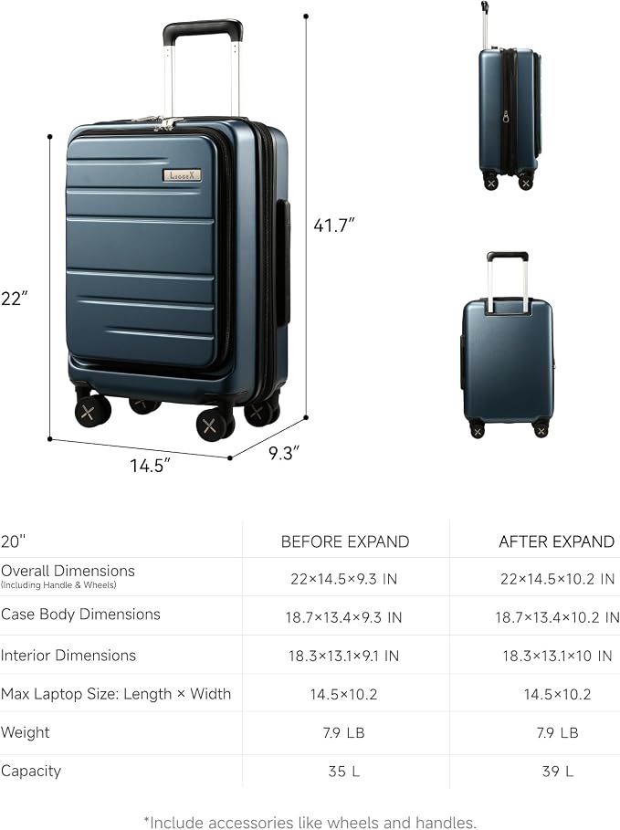 LUGGEX Carry On Luggage Front Opening 22x14x9 Airline Approved, Polycarbonate Hard Suitcase with Front Pocket (Blue, 20 Inch, 35L) - Image 9