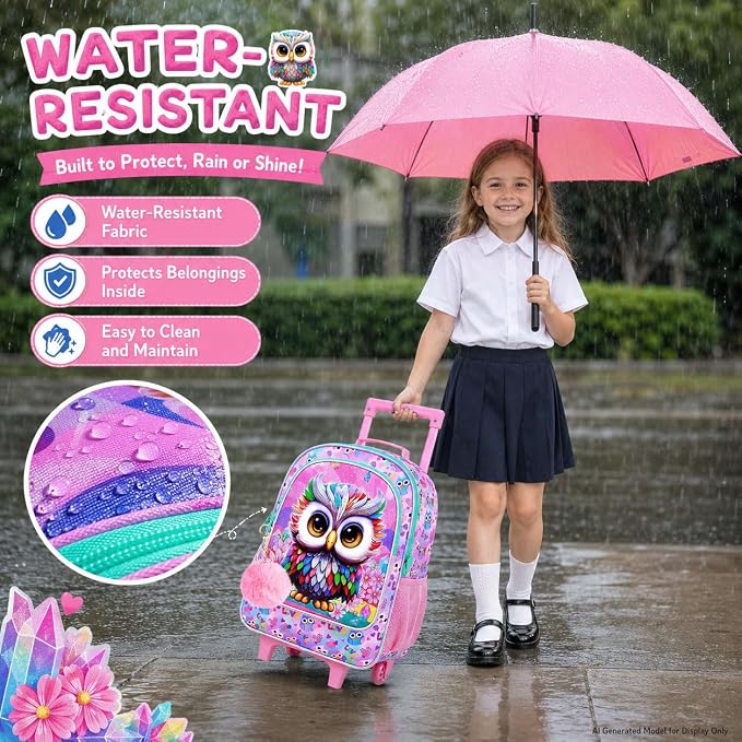 HPJGD 3PCS Owl Rolling Backpack for Girls, Kids School Backpacks with Wheels, Water Resistant UV Printed Roller Wheeled Bookbag Set - Image 4