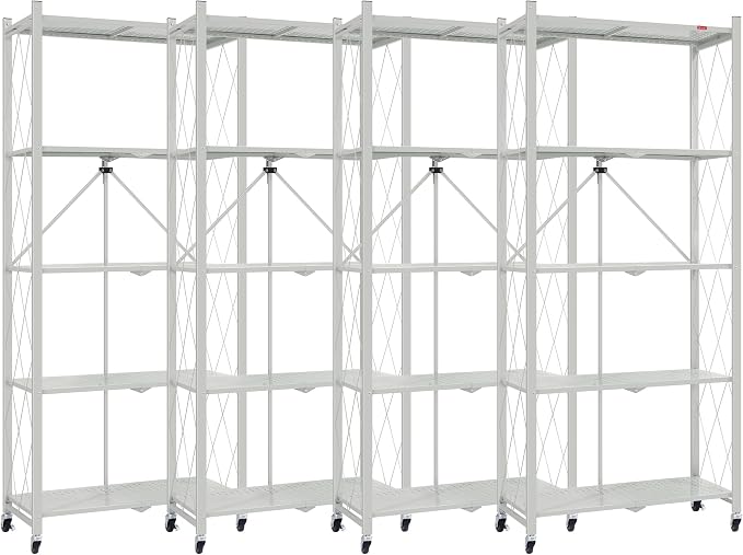 DEANIC 5 Tier Foldable Storage Shelves with Wheels, Large Capacity Shelving Unit, Freestanding Metal Wire Shelf Rack, No Assembly Organizer Rack for Garage Kitchen, Basement, Pantry Gray,4 Pack by ShowNow