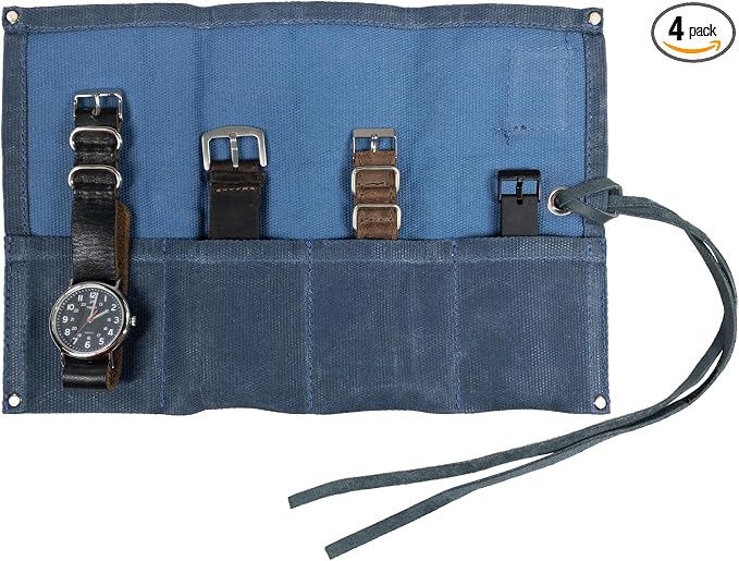 Hide & Drink, Waterproof Waxed Canvas Travel Watch Roll Organizer with 4 Slots, Easy Carry On Watchlover Storage, Handmade Travel Case, Blue Mar by HideDrink