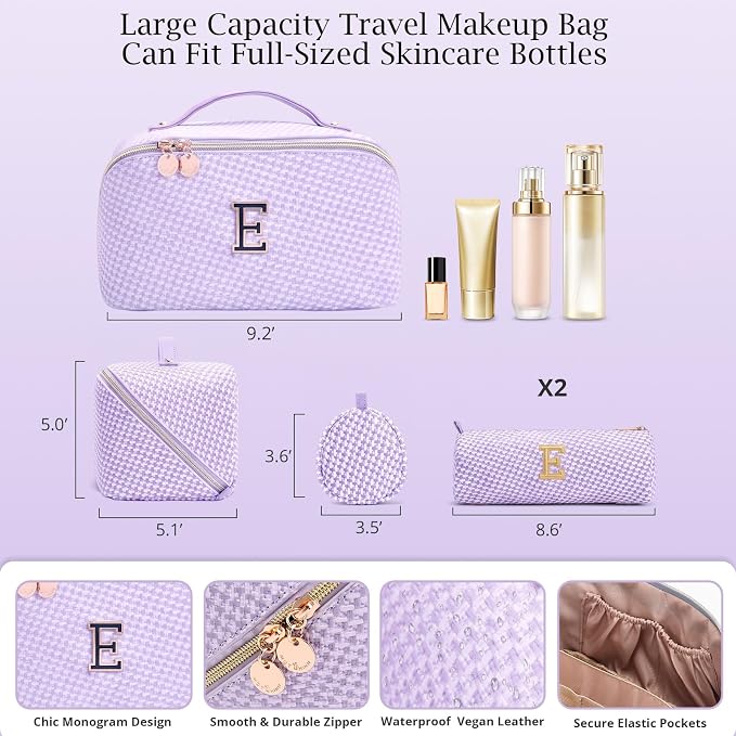 Personalized Gift Travel Makeup Bag: Initial Makeup Organizer Bag for Women | 3-in-1 Custom Make up Bag Set - Vegan Leather Travel Cosmetic Bag - Luxury Gift for Women – Birthday, Anniversary, Graduation - Image 6