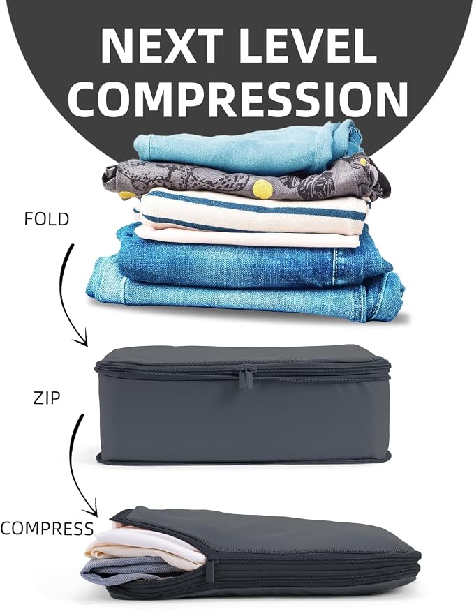 6 Set Compression Packing Cubes for 7–14 Day Travel, Charcoal Gray | Nylon Oxford Fabric, Full Breathable Mesh, Reinforced Double-Zipper, Small to Large Size Bag, Expandable Packing System - Image 2