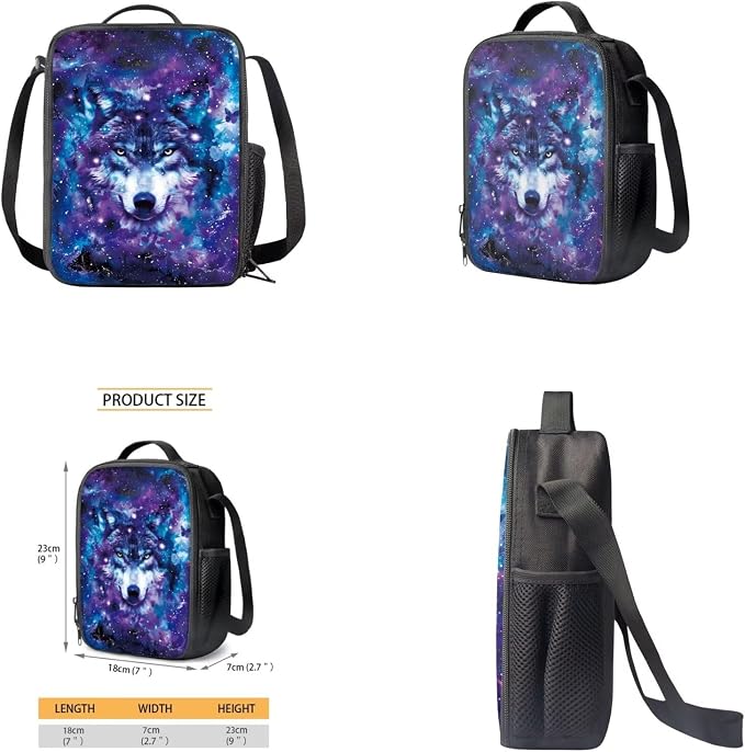Galaxy Wolf Backpack for Girls Kids Backpack with Lunch Box Water Bottle Carrier with Strap and Soft Pencil Case 4PCS Set Bookbag with Front Pocket for School 17 inch Large Capacity School Bag - Image 4