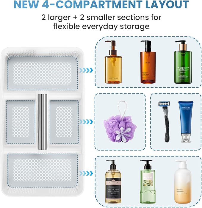 BYUNER 2Pack Plastic Shower Caddy: Portable Shower & Bathroom Caddy Tote with Handle, 4 Divided Compartments, Hard Plastic Shower Basket with All-Side Drainage for College Dorm Room Essentials - Image 6
