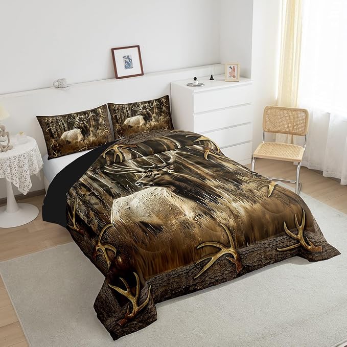 Erosebridal Rustic Deer Comforter Set for Cabin Lodge Vintage Elk Moose Antlers Bedding Set Full Size Farmhouse Woodland Quilt Hunting Animal Duvet Insert with 2 Pillowcases Home Room Decor - Image 3
