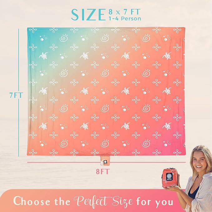 WEKAPO Beach Blanket Waterproof Sandproof Oversized Extra Large Sand Free Beach Mat with Stakes, Storage Bag - Essentials for Outdoor Beach, Picnic(Gradient Coral Sea Turtle, 8 X 7 FT (1~4 Person)) - Image 3